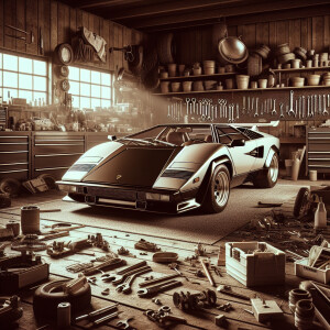 Garage with a car Lamborghini Contache and fool of tools and spa...