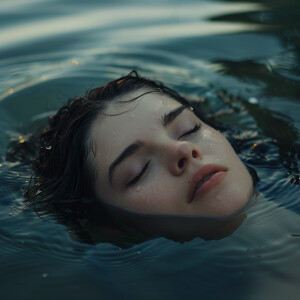 Capture the elegance of a fair-skinned woman with dark long wet...