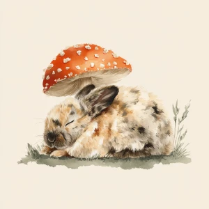 Fluffy rabbit sleeping peacefully under spotted mushroom, waterc...