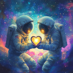 Two astronauts in zero gravity, gently holding a luminous heart-...