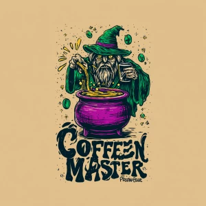 Flat vector illustration of a hand-drawn wizard-like figure brew...