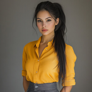 Capture the elegance of a fair-skinned woman with dark long hair...