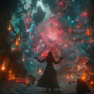 A cinematic view of a female elf sorcerer casting spells, inspir...