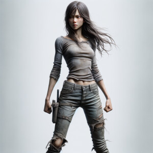 Skinny and thin Asian teen girl wearing skin tight jeans that are worn and frayed, long hair and bangs heroic ready to fight stance