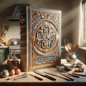 Create a beautiful large book cover with the title, the alchemist chef, with the subtitle, The Secrets of Eternal life. Surrounding the image should be kitchen utensils, stove. Displayed on a French kitchen table top with some light coming in the window.