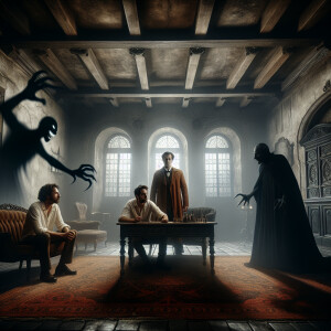 Two men and one woman are in a creepy old room, and a lot of evi...