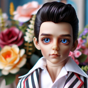 Elvis Presley doll with huge blue eyes flowers in the background