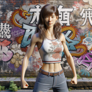 Athletic Thin skinny Attractive, Asian teenage girl, long brown hair and bangs, wearing tight skinny jeans and a halter top paint marks on her clothing, heroic pose Asian graffiti background