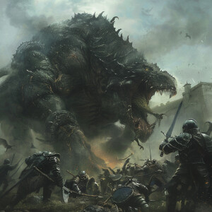 Illustrate a dark fantasy scene featuring a colossal creature fe...