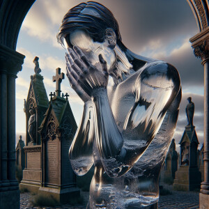 a man made entirely of glass, filled with water and , sitting ha...