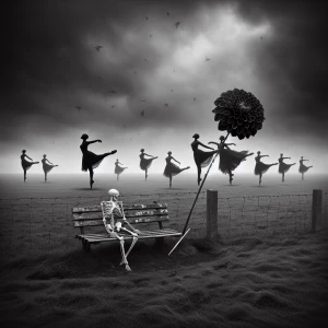 Generate a monochrome image of a desolate, grassy field enclosed...