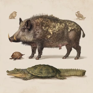 Wild boar with an alligator tail, snapping turtle shell, and fro...