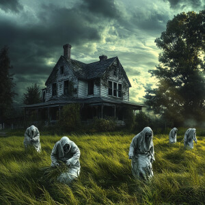 Photorealistic image . Funny, ghosts of asylum lunatics on the f...