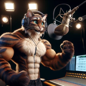 A muscular cat wearing a headset, speaking animatedly into a mic...