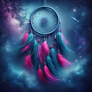 a  metallic blue dream catcher with neon pink tassels at the bot...