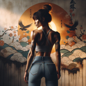 Athletic Thin skinny Attractive, Asian teenage girl, long brown hair and bangs, wearing tight skinny jeans and a halter top paint marks on her clothing, heroic pose Asian graffiti background, backside view