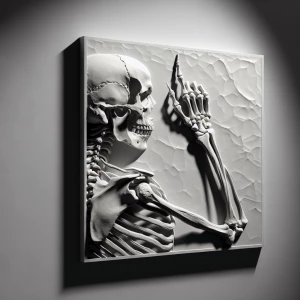 3d bas relief of a skeleton against a white wall, holding his mi...