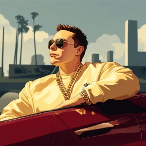 Elon Musk..leaning out the window of sports car, gold chain, sun...