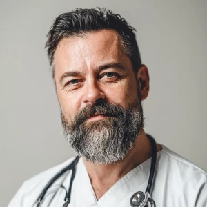 Create an image of a middle-aged man with a neatly trimmed beard...