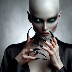 A sinister looking pale skinned ,bald woman, with glowing, green...