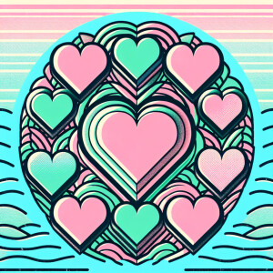 A collage illustration of hearts in pastel colors, pink and gree...