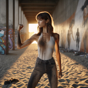 Athletic Thin skinny Attractive, Asian teenage girl, long brown hair and bangs, wearing tight skinny jeans and a halter top paint marks on her clothing, heroic pose Asian graffiti background, backside view