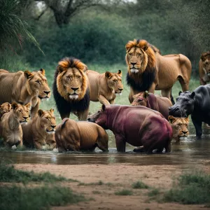 Lions and hippopotamus