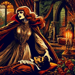 A vampire woman leaning over her victim in a dark, candlelit chamber. Her flowing cape and intricate dress are rendered with detailed shading, while the grainy texture and warm tones create a moody, vintage comic atmosphere