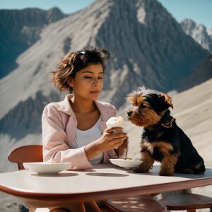 A girl sitting at a table holding a yorki up with one hand while...