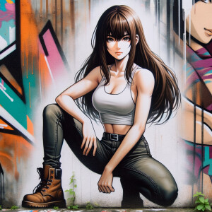 teenage girl, long brown hair and bangs, wearing tight skinny je...