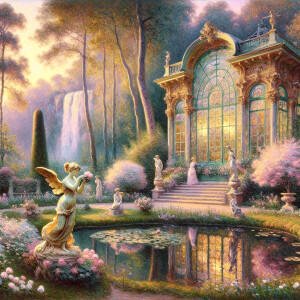 monet viktorian garden gold angel woman statues picking flower b...