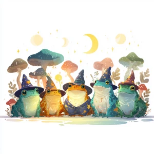 five wise cartoon frogs in wizard hats sitting under glowing mus...