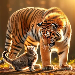 a tiger with a big cat and the tiger doesn't eat it but plays wi...