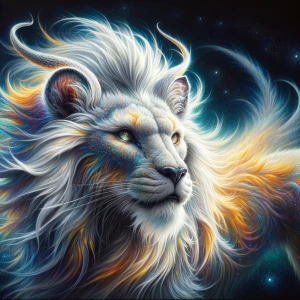 A luminous manticore, its fur shimmering with unearthly hues of...