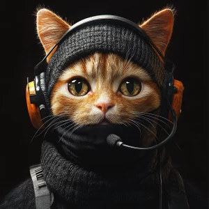 A wide-eyed ginger cat wearing a black tactical balaclava (or ma...