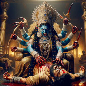 portrait of angry looking, four-armed indian goddess blue skinned sitting on a gold crown and carrying a weak mahishasur on her lap and poking his abdomen with her amazingly long red fingernails . She is wearing diamond armor, a huge diamond crown, black saree, abundant  diamond jewelry, covered in blood. The scene is set in ancient India. The image is 8K resolution, cinematic, photography, ultra detailed face and epic.