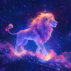 Celestial lion with a glowing stardust mane, standing on a shimm...