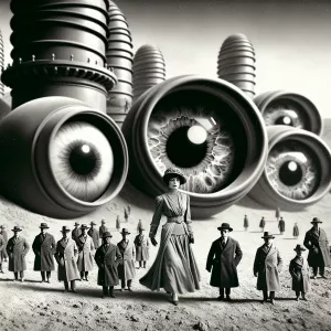 Create a monochromatic, early 20th-century science fiction scene...