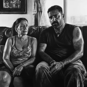 realism art style 1:1 .A sweaty man sitting on sofa  with his 54...