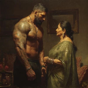 Hyperrealism image.a muscular beefy tattoed gujarati sweaty  man...