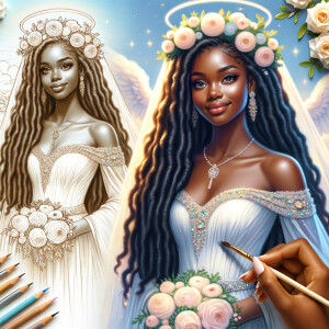 Create a 3-D realistic oil, painting of a beautiful African-American bride. She has long flooring, wavy hair and her gown has beautiful jewels around the neckline. in the background there is a beautiful African-American Jesus Christ with long dreadlocks, and he is smiling. He is very handsome pastel flowers throughout the image.