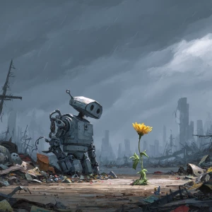 The small silhouette of a robot  gathers scraps of metal and deb...
