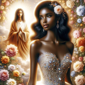 Visualize a stunning bride with a rich blend of african-American Latino heritage, her skin glowing with a soft, warm hue. Her elegant gown, a masterpiece of design, is intricately adorned with sparkling jewels that catch the light with every movement, creating a mesmerizing effect. Her long, wavy dark hair frames her face beautifully, enhancing her radiant beauty. Behind her, the backdrop is alive with an explosion of colorful flowers, each petal and leaf adding vibrancy to the scene. Amidst this floral abundance, the serene face of a brown Jesus is subtly integrated into the background, bestowing a sense of divine grace and tranquility to the composition. This image captures a moment of exquisite beauty, spiritual depth, and the celebration of love. Face of a African-American Jesus should be in the background.