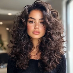 a woman, look to the camera, Voluminous Curls Hairstyle, Big bou...