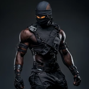 Wide angle shot of A muscular Nigerian Ninja assassin warrior in...