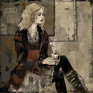 Create a mesmerizing grunge-style illustration of a fashion mode...