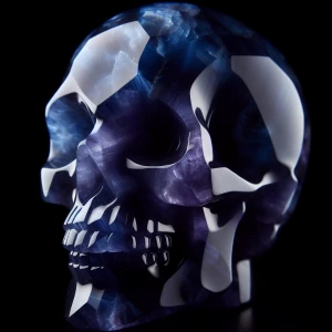 A serene visage skull carved from deep blue amethyst, with intri...