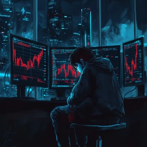 a sad Wojak character sitting in front of multiple monitors with...