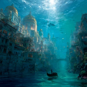 A majestic underwater Venice thriving beneath the sea, vast cana...