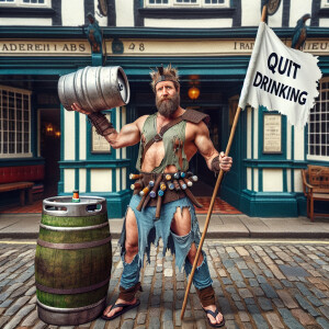 Create a funny picture: a man holding a beer keg with one hand s...